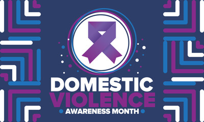 Domestic Violence Awareness Month in October. Celebrate annual in United States. Awareness purple ribbon. Day of Unity. Prevention campaign. Stop women abuse. Poster, banner and background. Vector