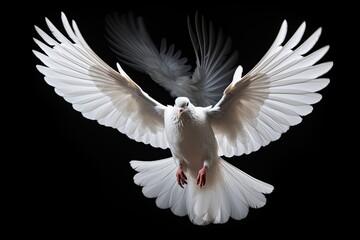 Fototapeta na wymiar White dove swooping down, photo realistic, black background