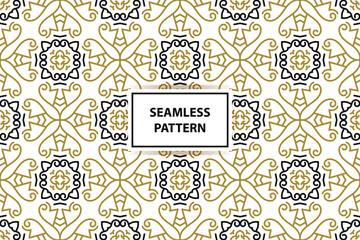 oriental seamless pattern. White, black and gold background with Arabic ornament. Pattern, background and wallpaper for your design. Textile ornament. Vector illustration.