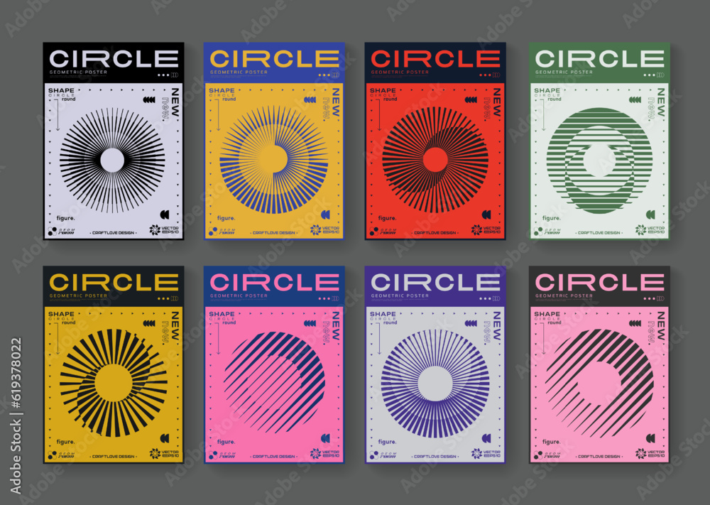 Poster set of cool abstract geometric posters. optical illusion circle shape element. rave acid graphic des