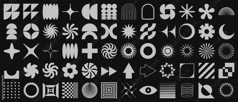 Aufkleber Brutalist Shapes, Cool Geometric Forms. Bauhaus Minimalist Graphic Design Elements. Trendy Y2K Vector Signs. Simple Star and Flower Basic Shapes.