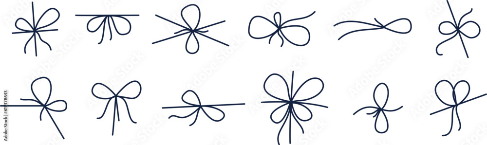 Poster line bows set, string ribbon bow collection. simple minimal divider, gift or present box decoration 