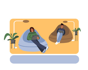 Obraz premium Friends working on laptop in modern open space. Concept of teamwork communication and digital technologies. Idea of coworking. Vector flat illustration in blue and yellow colors