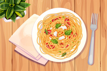 Spaghetti Pasta in plate with tomatos, basil, mozzarella in cartoon style top view detailed and textured on wooden background. food, italian cuisine