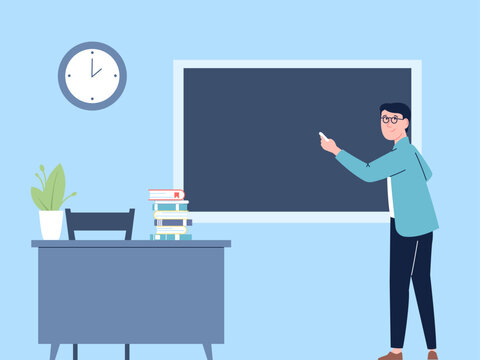 Teacher at blackboard, man teaching math in school or college. Professor standing at chalkboard, lesson time. Flat study recent vector scene