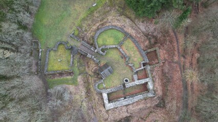 Aerial view of a historic castle ruin Burgruine Eisenberg surrounded by a lush green lawn