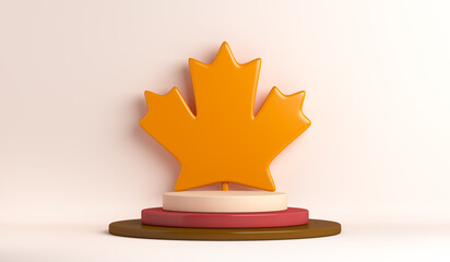 Autumn circle podium display decoration background with orange maple leaf, product display mock up, 3d rendering illustration