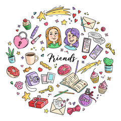 Set of funny elements Friends and Friendship. Girls Design Vector round composition - 619379071