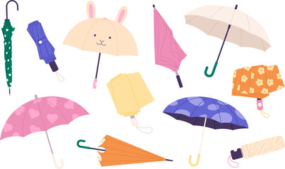 Colorful umbrella collection, shelter rainy seasons. Modern and vintage umbrellas, closed and open fashion accessories. Safe from rain, racy vector clipart - obrazy, fototapety, plakaty
