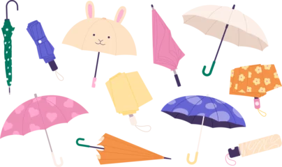 Fotobehang Colorful umbrella collection, shelter rainy seasons. Modern and vintage umbrellas, closed and open fashion accessories. Safe from rain, racy vector clipart © LadadikArt