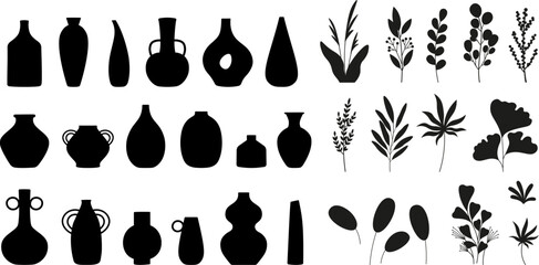 Black vases, plants branches silhouettes. Vase geometric shapes, floral isolated decorative symbols. Stylish modern decor vector elements