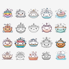 Cute vector cartoon boats collection. Emoji boats illustration.