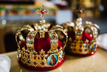 Wedding crowns for a marriage ceremony. Closeup.