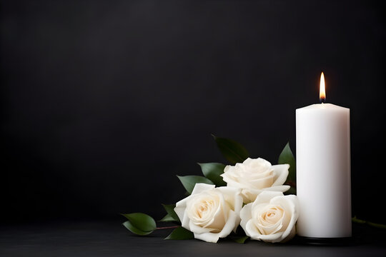 mourning candle , free space, white roses