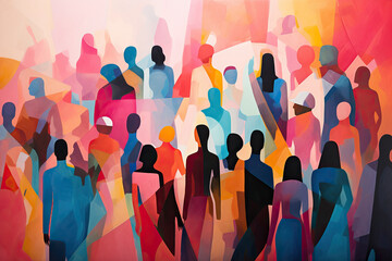 Art concept illustration of a colorful crowd of people. Generative AI