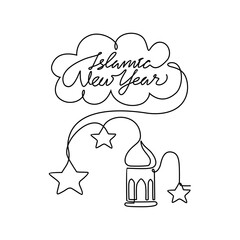 One continuous line drawing of Islamic New Year. Islamic holiday that falls on the 1st day of Muharram of the lunar Islamic Calendar in simple linear style. Islamic design concept vector illustration
