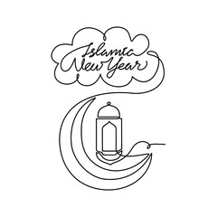 One continuous line drawing of Islamic New Year. Islamic holiday that falls on the 1st day of Muharram of the lunar Islamic Calendar in simple linear style. Islamic design concept vector illustration