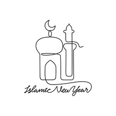 One continuous line drawing of Islamic New Year. Islamic holiday that falls on the 1st day of Muharram of the lunar Islamic Calendar in simple linear style. Islamic design concept vector illustration