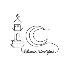 One continuous line drawing of Islamic New Year. Islamic holiday that falls on the 1st day of Muharram of the lunar Islamic Calendar in simple linear style. Islamic design concept vector illustration