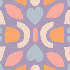 Cute seamless texture with symmetrical composition. Vector collage pattern with repeated elements. Cut out abstract shapes background