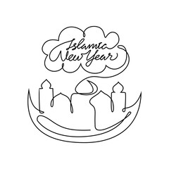 One continuous line drawing of Islamic New Year. Islamic holiday that falls on the 1st day of Muharram of the lunar Islamic Calendar in simple linear style. Islamic design concept vector illustration