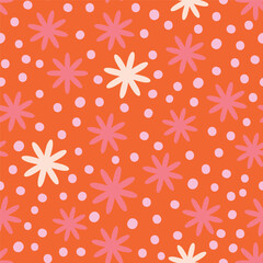 Abstract Doodle texture with simple flowers and dots. Cute vector decorative texture. Seamless background