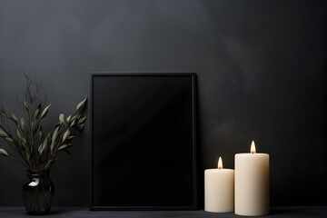 mourning candle , free space empty frame mockup, modern minimalismus dark