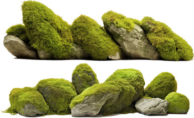 Fototapeta premium mossy rocks, collection of overgrown stones isolated, png file, generative ai