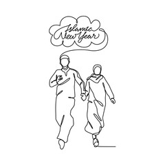 One continuous line drawing of illustration of people who are happy to welcome the Islamic new year. Islamic new year holiday concept in simple linear style. Islamic design concept vector illustration