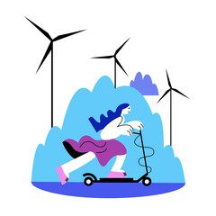 Lady riding electric kick scooter near wind turbines. Young people using eco-friendly transport. Usage of green transport. Modern vehicle rental services. Vector illustration in blue colors