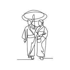 Fototapeta na wymiar One continuous line drawing of people using the traditional clothes. Asian traditional clothes concept in simple linear style. Fashion and beauty concept vector illustration