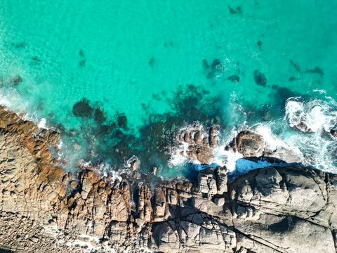 Aerial view of Torpedo Rocks against the sea in Yallingup, Western Australia