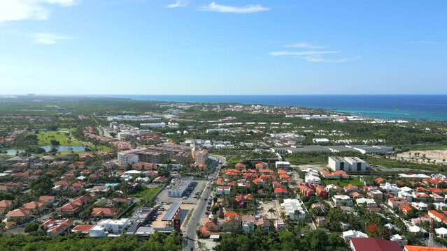Aerial view of Bavaro, Dominican Republic. City on the caribbean sea coast. The most popular resort with all-inclusive hotels and white sand beaches