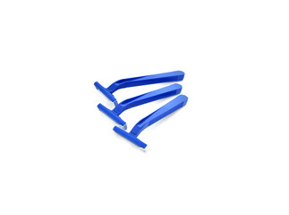 disposable deep blue shaving razor on white background