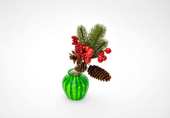 Christmas composition of fir branches, red berries and pine cones in a green vase