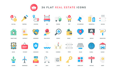 Houses purchase, mortgage agreement and insurance shield, advertising and search of family villa and home apartments for rent and sales. Real estate trendy flat icons set vector illustration