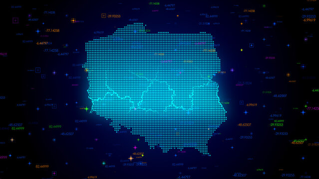 Fototapeta Futuristic Blue Colorful Shiny Digital Technology Hud Dots Mosaic Grid Poland Map Light Scanning With Numeric Tech Particles Background