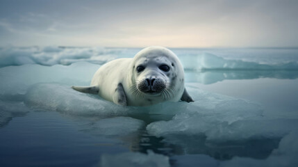 Obraz premium Harp seal pup on melting snow, affected by climate change and global warming