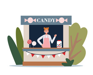 Young stylish lady in uniform selling candies outside. Exterior of small stores collection. Small business owners. Buying and selling sweets outdoor. Vector flat illustration
