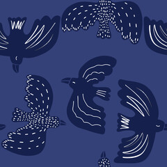 Seamless pattern botanical hand drawn ethno style ornament with birds. Abstract trendy monochrome print. Fashionable vector template for your design.
