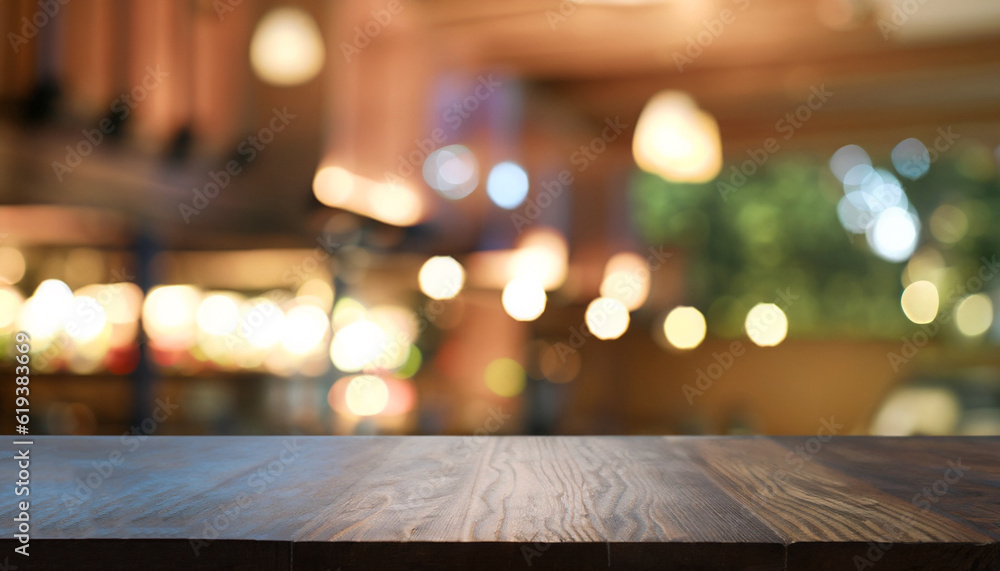 Poster empty wood table top on abstract blurred restaurant and cafe background - can be used for display or