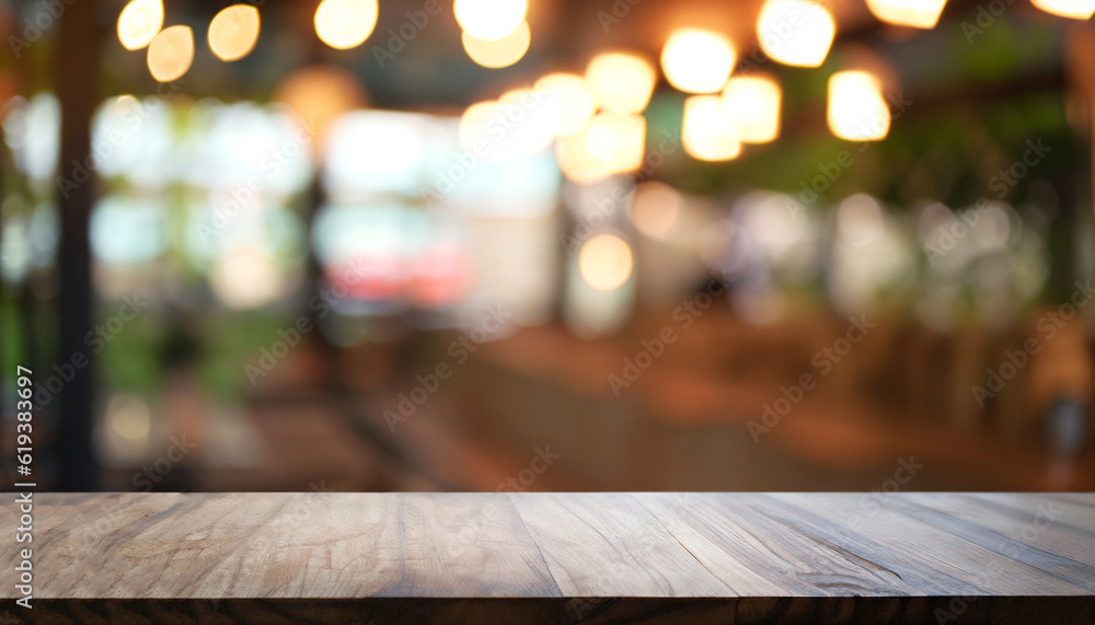 Poster empty wood table top on abstract blurred restaurant and cafe background - can be used for display or