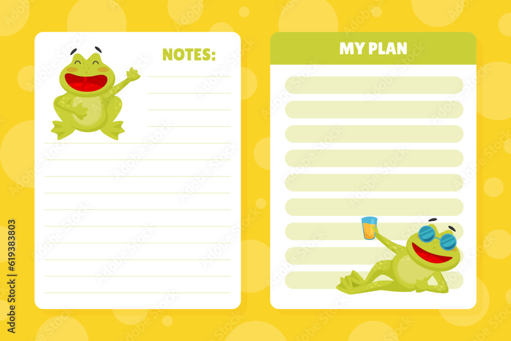 Poster empty card with cute green leaping frog character vector template