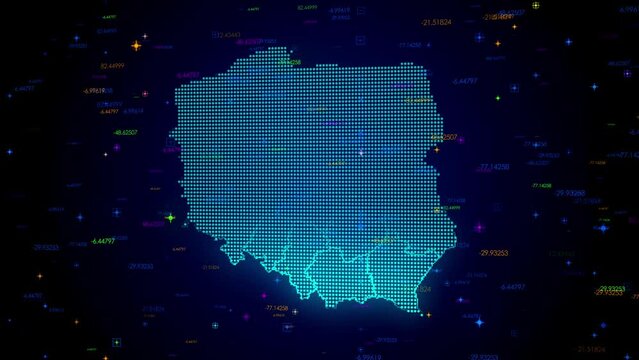 Futuristic Motion View Blue Colorful Shiny Digital Technology Hud Dots Mosaic Grid Poland Map Light Scanning With Numeric Tech Particles Background, Seamless Loop