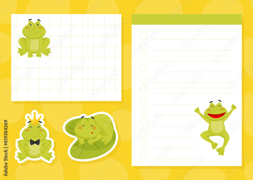 Poster empty card with cute green leaping frog character vector template
