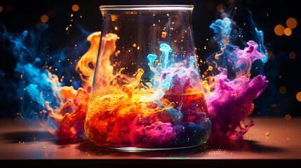 Vivid colorful explosion in lab beaker.
Generative AI image.