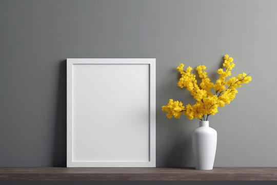Mock up poster frame in modern interior background, 3d render. a white frame and yellow flowers in one vase. Generative AI.