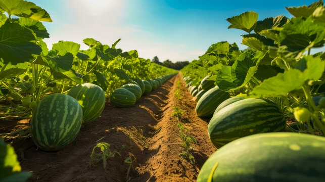 Green watermelons growing on a field in summer. Agricultural landscape. Generative AI.