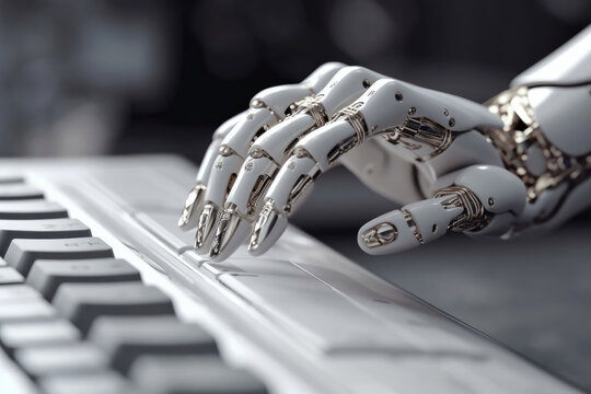 A female robot hand interacting with the compute.
Robot hand on the keyboard close-up. 3d rendering. Generative AI.