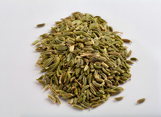 Haufen von Fenchelsamen auf wei&szlig;em Hintergrund &ndash; Gesundes Gew&uuml;rz